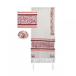 Embroidered Silk Cotton Prayer Shawl, Birds Trees Matriarchs, Maroon - Yair Emanuel