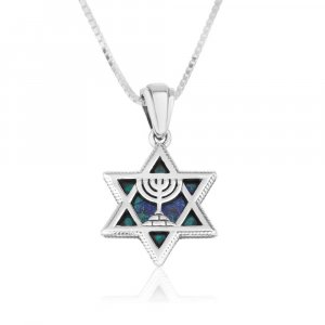 Sterling Silver Pendant Necklace with Temple Menorah and Eilat Stone on Star of David