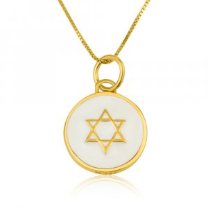 Sterling Silver Pendant, Gold Star of David on White Enamel Background