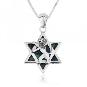 Sterling Silver Necklace and Pendant, Eilat Stone Star of David and Lion Of Judah