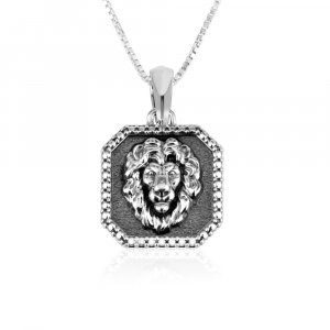 Sterling Silver Necklace with Pendant, Lion of Judah on Dark Silver  Dotted Border