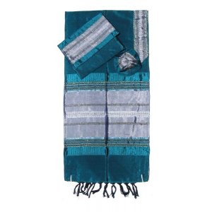 Teal Silk Handwoven Tallit Prayer Shawl Set Blue and Silver Stripes -  Gabrieli