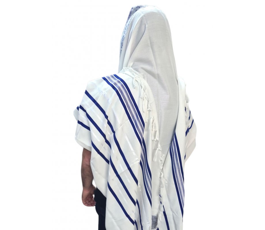 Acrylic Non-Slip Prayer Shawl, Checkerboard Textured Weave - Blue and Silver Stripes