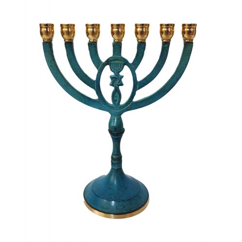 Blue Patina Seven Branch Menorah with Framed Grafted In Design - 8