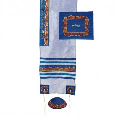 Blue Polysilk Prayer Shawl Set Embroidered Jerusalem Design - Yair Emanuel
