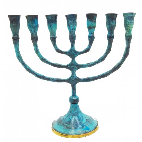 Brass Seven Branch Menorah with Shades of Blue Patina Enamel  6.5