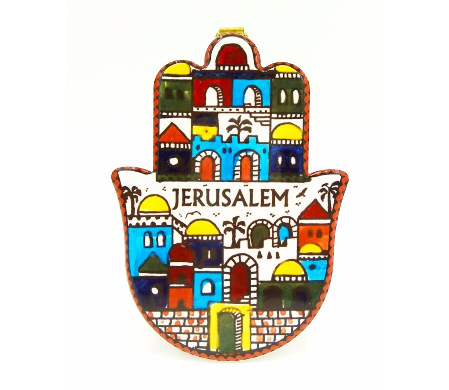 Ceramic Wall Hamsa Plaque with Colorful Images of Old City Jerusalem