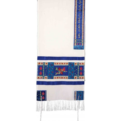 Embroidered Prayer Shawl Set with Red and Blue Pomegranates - Yair Emanuel