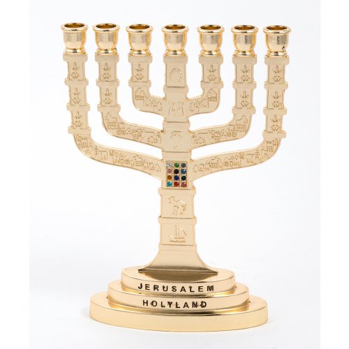 Gold Color Temple Menorah with Twelve Tribes and Breastplate