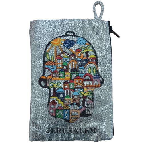 Jerusalem Fabric Purse-Wallet, Embroidered with Glittery Hamsa - Jerusalem Design