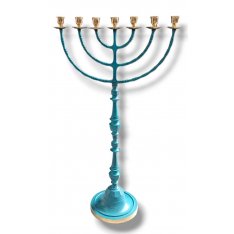 Jumbo Size Seven Branch Menorah on Slender Stem, Patina  32