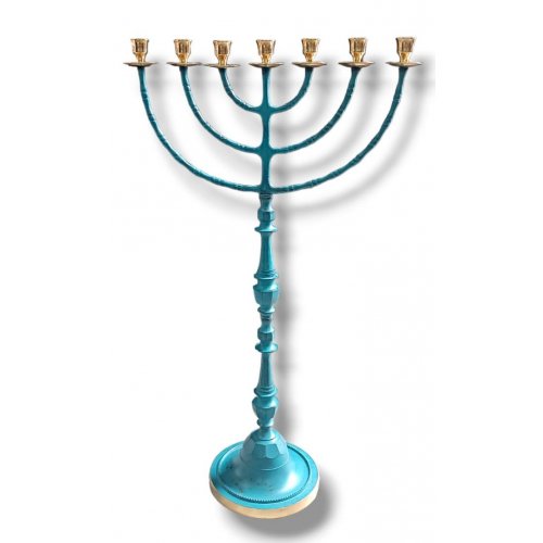 Jumbo Size Seven Branch Menorah on Slender Stem, Patina  32