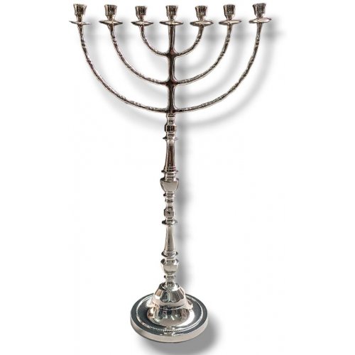 Jumbo Size Silver Seven Branch Menorah with Beaded Decorations, Nickel - 32