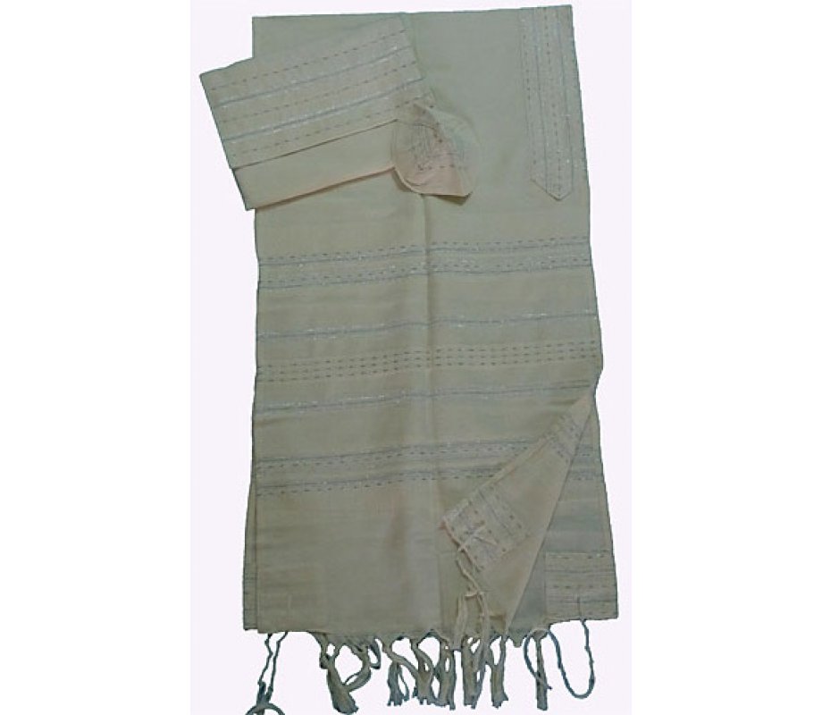 Off-white Handwoven Cotton Tallit Prayer Shawl Set Silver Stripes – Gabrieli