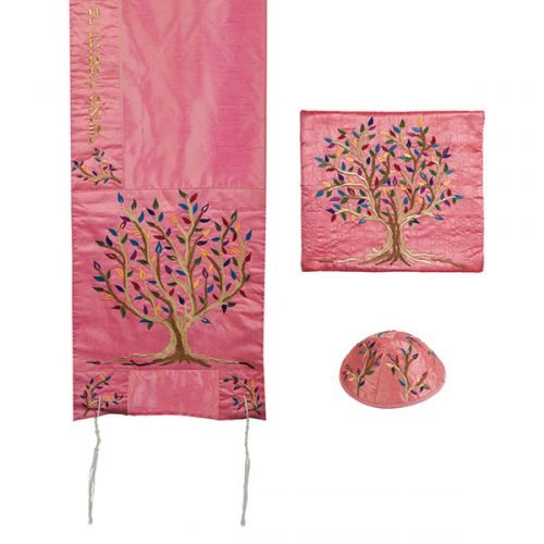 Pink Embroidered Polysilk Tree of Life Prayer Shawl Set - Yair Emanuel