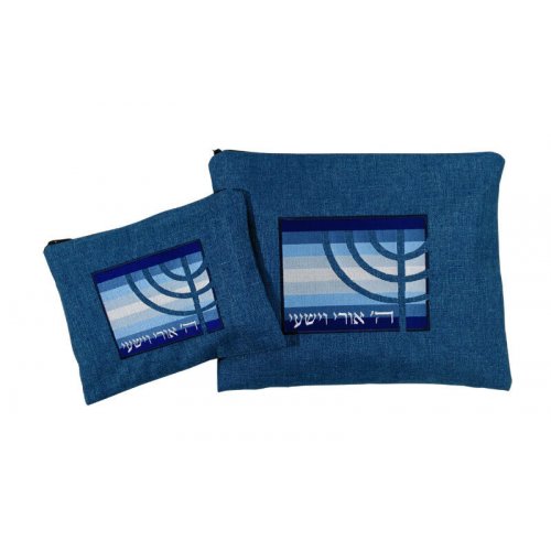 Prayer Shawl & Tefillin Bag Embroidered Menorah and Psalm, Dark Blue - Ronit Gur