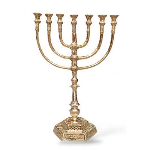 Seven Branch Menorah in Decorative Gold Colored Brass with Jerusalem Design  18 