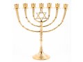 Seven Branch Menorah on Stem with Star of David, Gold Colored Brass - 11