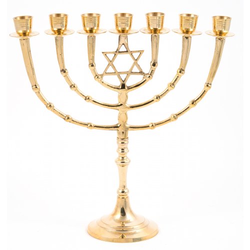 Seven Branch Menorah on Stem with Star of David, Gold Colored Brass - 11