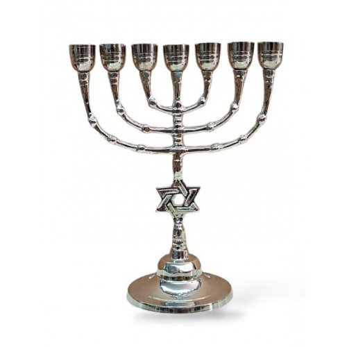 Seven Branch Menorah with Large Cups and Star of David on Stem, Nickel - 10