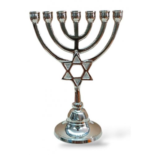 Seven Branch Menorah with Star of David on Upper Stem, Nickel - 7.5 Inches Height