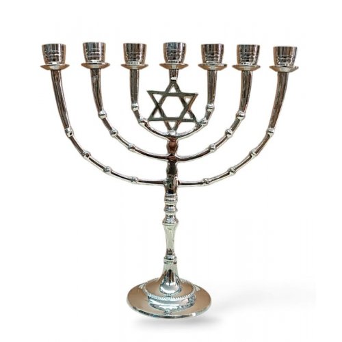 Seven Branch Nickel Menorah with Star of David on Stem  11 Inches High