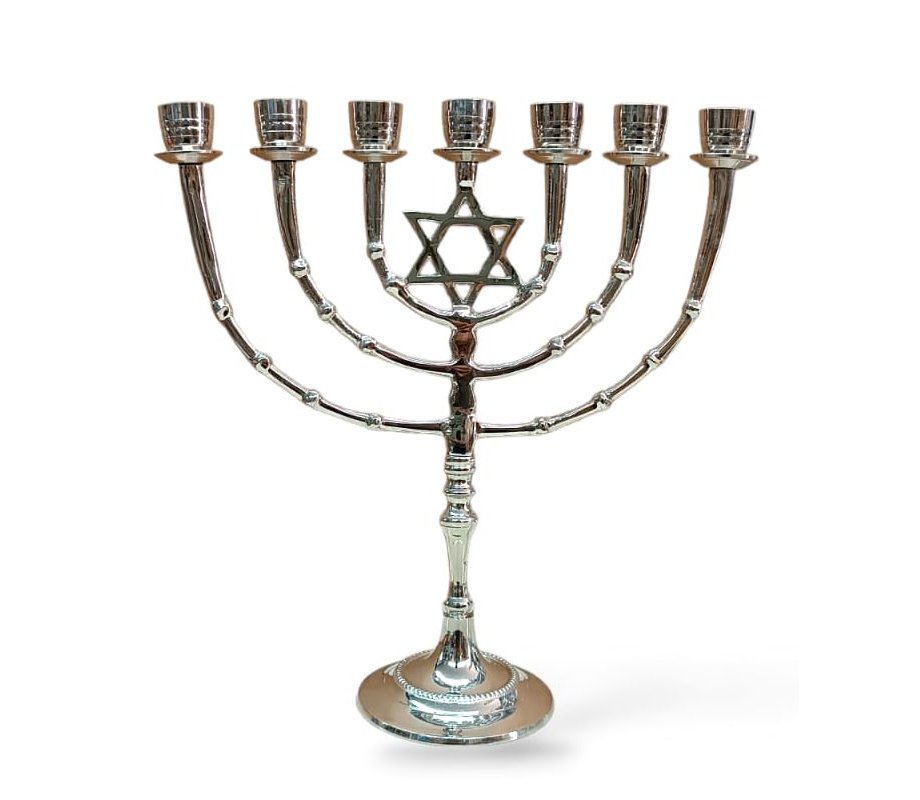 Seven Branch Nickel Menorah with Star of David on Stem – 11 Inches High