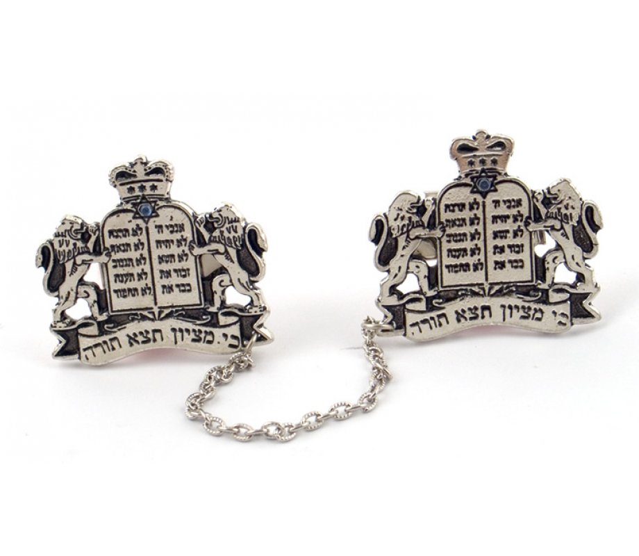 Prayer Shawl Clips and Chain, Colorful Breastplate Stones - Nickel Plated