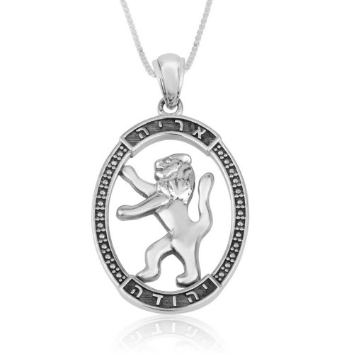 Sterling Silver Necklace and Pendant with Lion of Judah in Oval Frame - Hebrew Wording