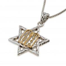 Sterling Silver Pendant Necklace - Gold Plated Ten Commandments on Star of David