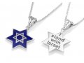 Sterling Silver Pendant Star Necklace - Blue Enamel Star of David with Loyalty Words