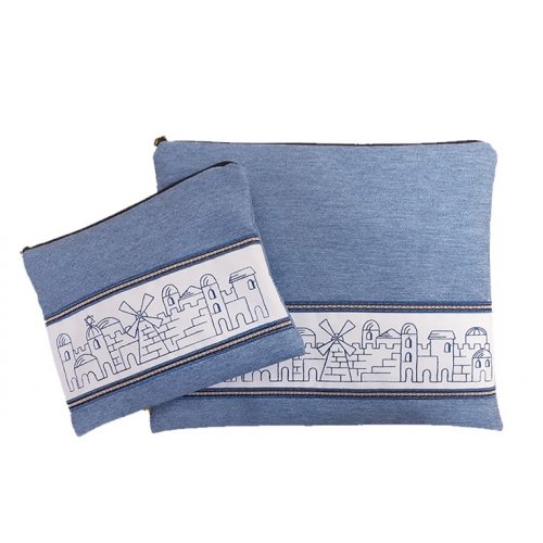 Tallit and Tefillin Bag Set, Embroidered Jerusalem Design Blue - Ronit Gur