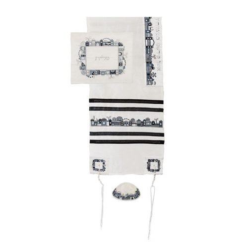 White Polysilk Prayer Shawl Set Black Embroidered Jerusalem Design - Yair Emanuel