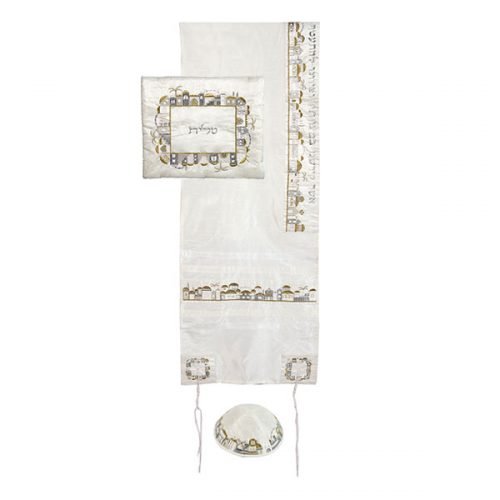 White Polysilk Prayer Shawl Set Embroidered Gold and Silver Jerusalem - Yair Emanuel