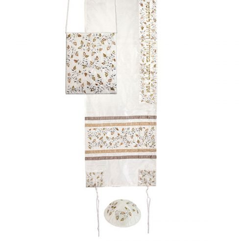 White Tallisack Prayer Shawl Set, Embroidered Gold and silver Pomegranates - Yair Emanuel